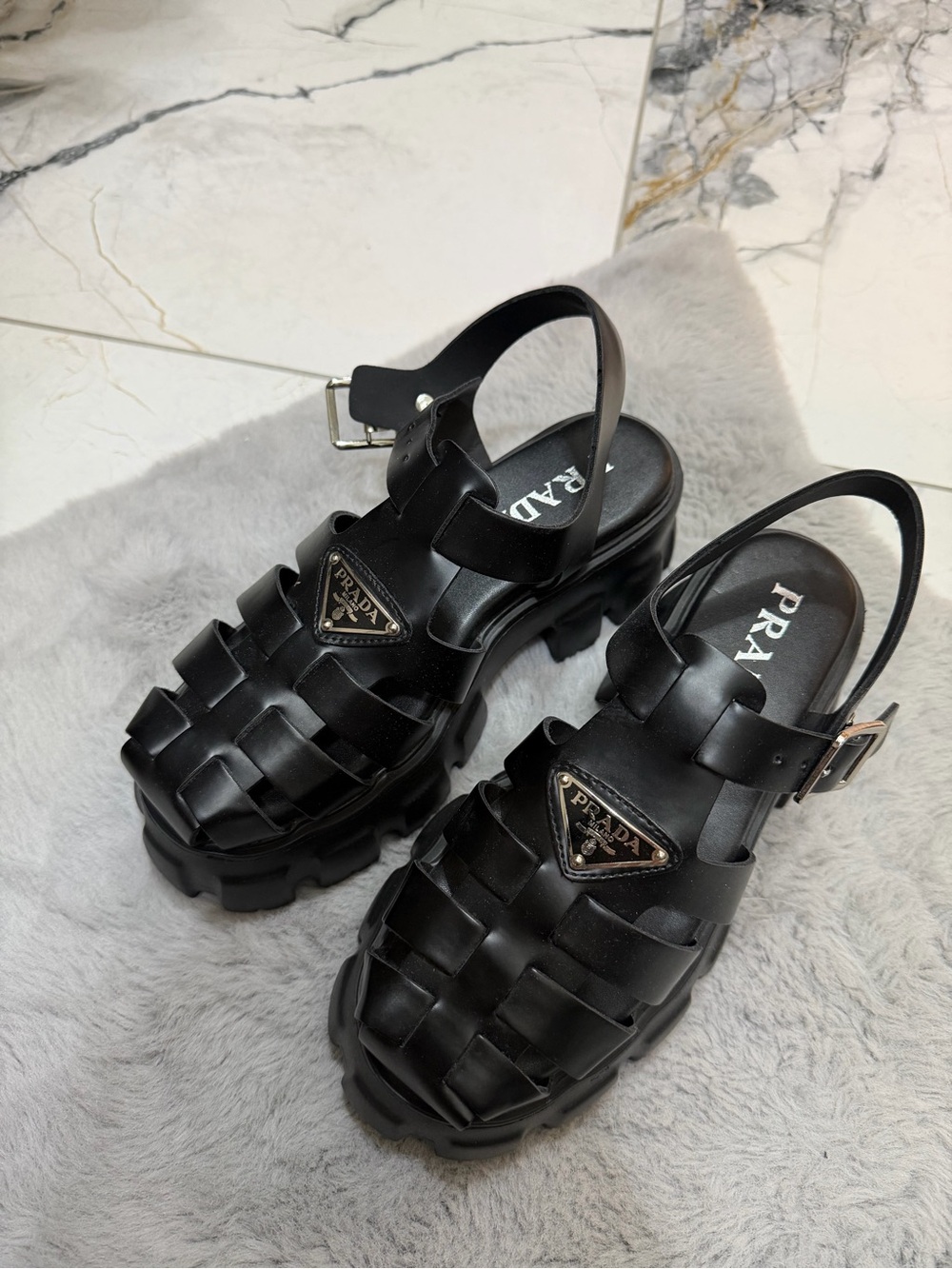 Prada Black Chunky Woven Platform Sandals